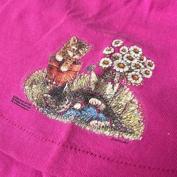 Vintage 90s Anvil Graphic Cat Floral Novelty Print Single Stitch T Shirt - Picture 3 of 10